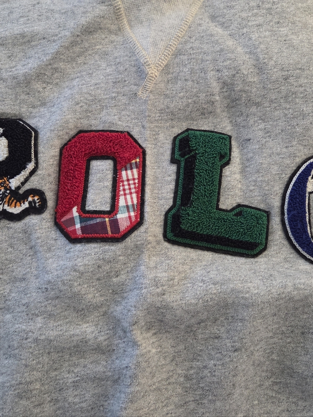 Ralph Lauren Light Gray Crewneck Sweatshirt with Multi-Color Logo Patches - Picture 2 of 3